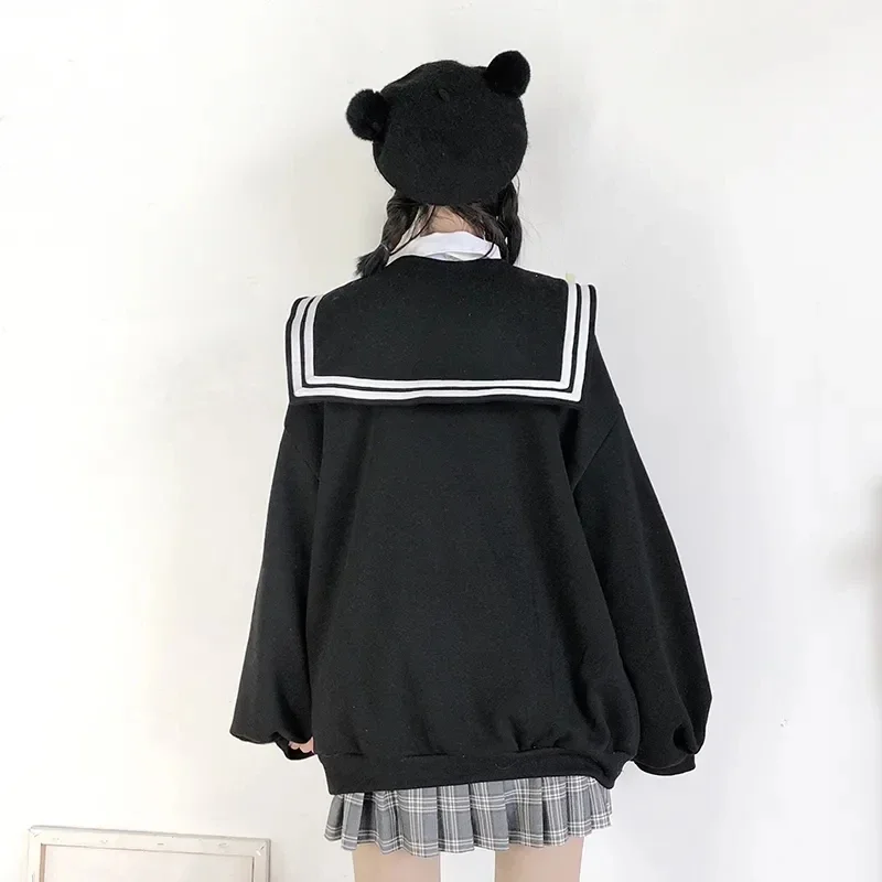 Deeptown Kawaii Zip Up Hoodies Black Japanese Preppy Style Sailor Collar Sweatshirts Sweet Lolita Coats Loose Cute Top Soft Girl