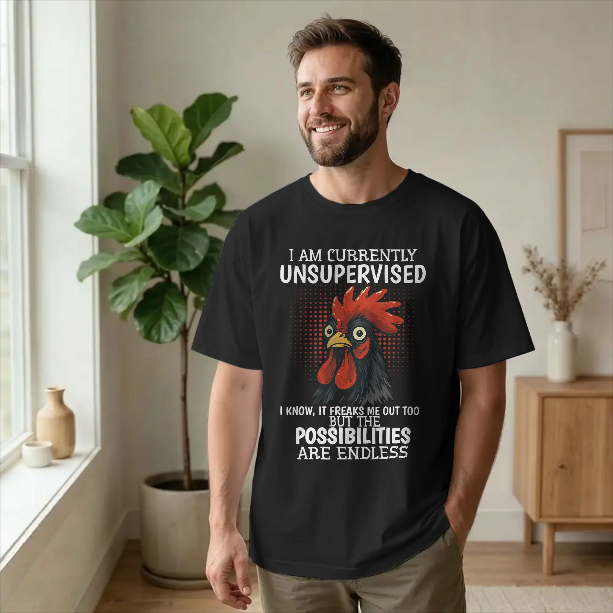 Men's Funny Currently Unsupervised Chicken T Shirt Saying Sarcastic Cotton Tops Funny Short Sleeve Crewneck Tees 4XL 5XL T-Shirt