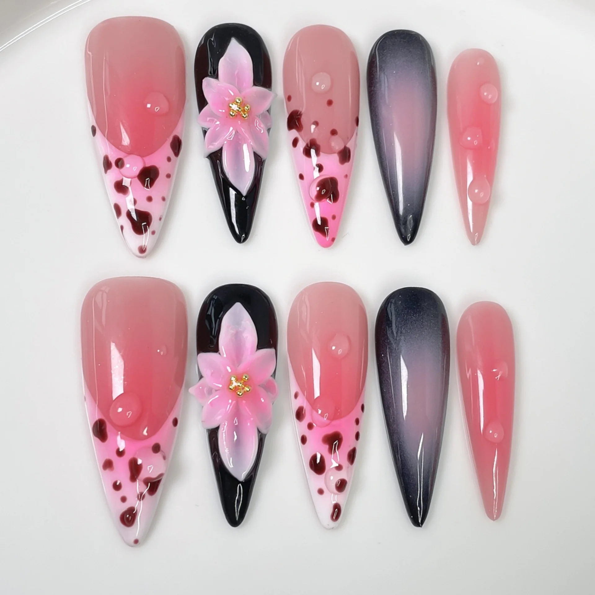 

10pcs Gradient Pink Handmade Press on Nails Art Flower Design Long Stiletto Fake Nail Tips Leopard Print French False Nails Sets