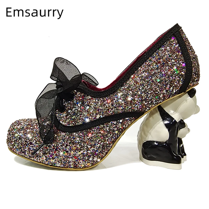 

Unique Panda-Shaped Strange Heel Party Shoes Bling Sequins Fairy Lace Cross-tied Round Toe Women Pumps