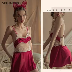 SXTHAENOO Novo Pijama Elegante Pijamas das Mulheres Lace Ice Silk Night Dress Chemise Sexy Night Gown Lingerie Para Mulher пижама