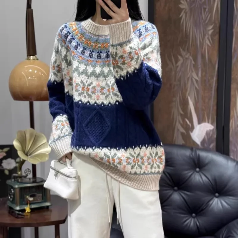 Jacquard round-neck 100% wool knitted sweater women's pullover base layer sweater loose long-sleeved sweater - Detail 1