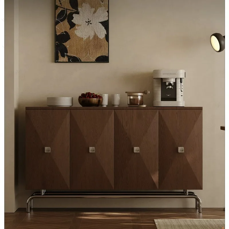 

Medieval solid wood dining side cabinet against the wall, living room household walnut leather entrance cabinet