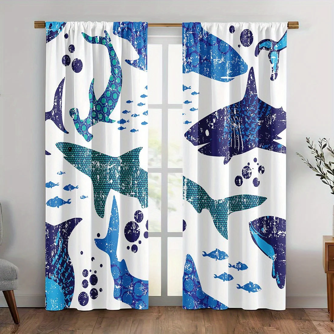 Ocean Shark Blue Curtains Nautical Abstract Sea Life Window Drapes Home Decoration Marine Tropical Room Curtain