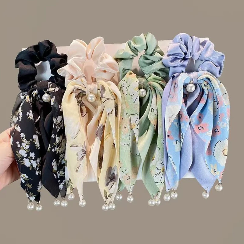 New Fashion Women Bow Hair Rope Chiffon Floral Print Sweet Elastic Hair Band Headwear Ponytail Holder Gum For Hair Ties