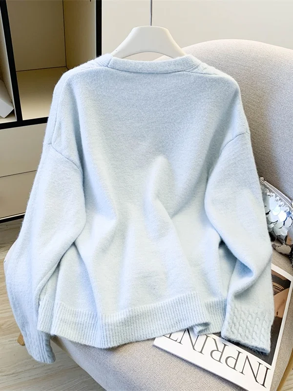 Senhoras tamanho grande camisola de malha inverno casual sle artístico preguiçoso sle botão até longo sve v ne cor malhas