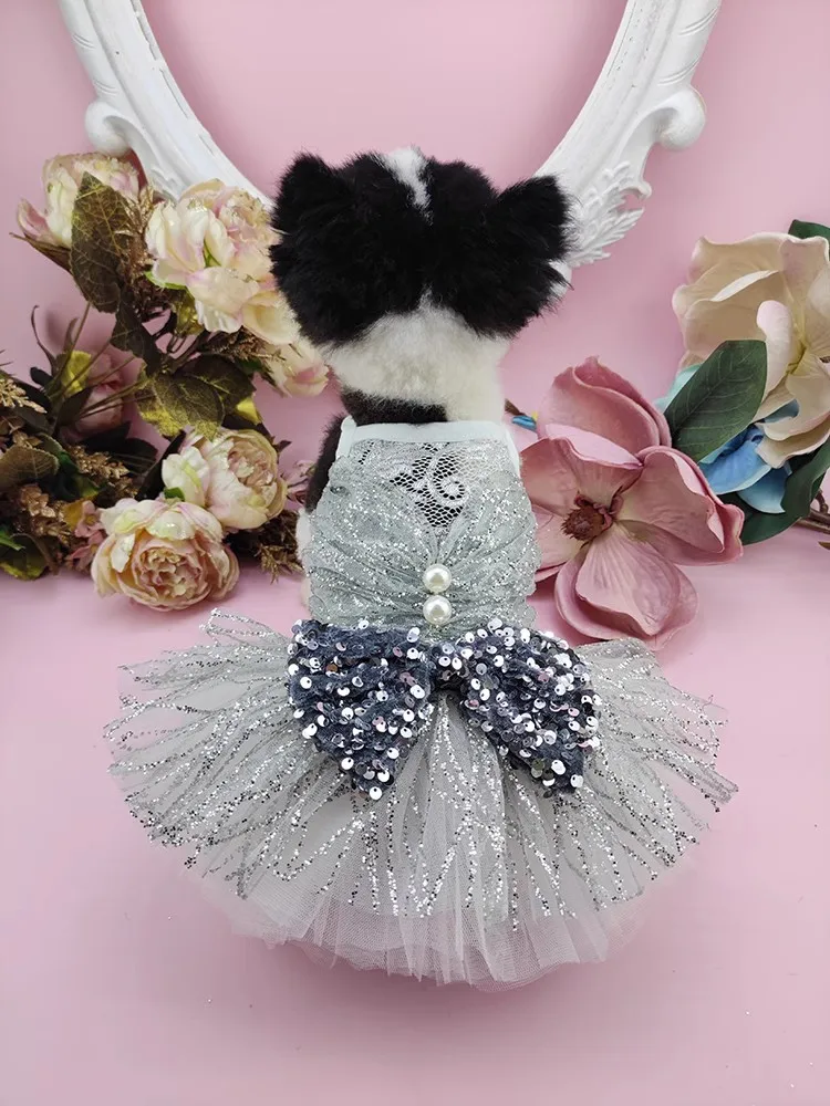 Handmade Dog Clothes Pet Supplies Unique Design Silver Glitter Lace Sexy Perspective PartyHollow Braces Skirt Princess Dress