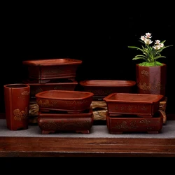 Purple Clay Planters for Indoor Plants Pots De Fleurs Desktop Bonsai Basin Square Rectangular Antique Clay Carved Pot Macetero