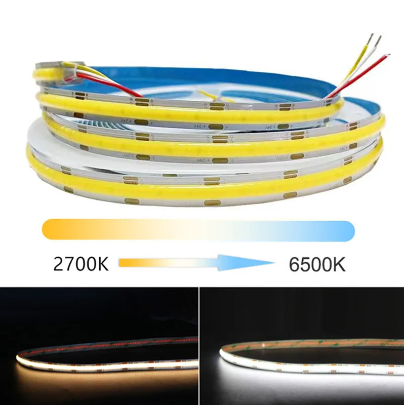 12V 24V CCT COB LED Strip Light Doubel Color Dual Colour High Density Linear Tape 2700K to 6500K CRI90 RA90 Dimmable Ribbon Rope