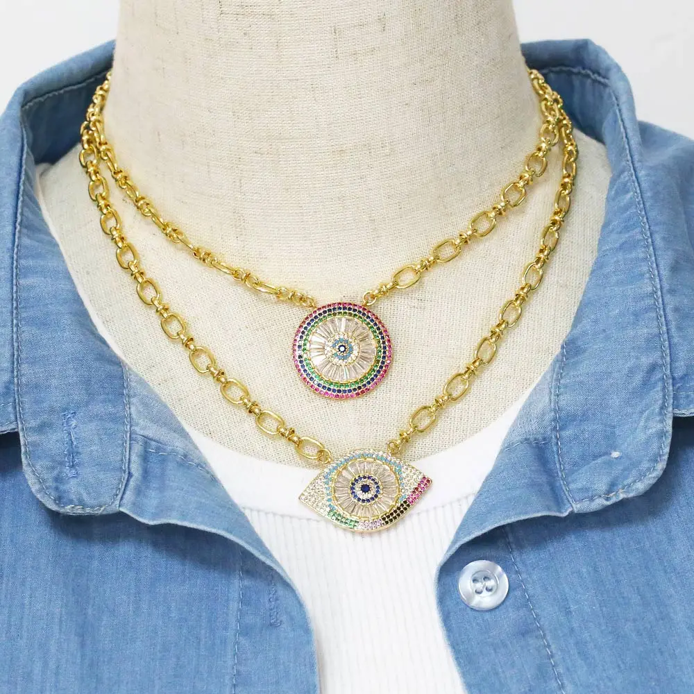 FLOLA  Luxury Big Crystal Evil Eye Necklaces for Women Copper Gold Plated O Chain Necklace Lucky Turkish Jewelry Gifts nkeb347