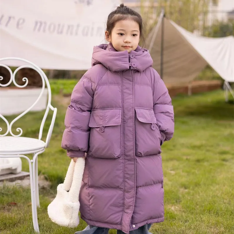 

junior kids girls long knee length down jacket Korean thickened white duck down warm hooded outerwear winter child overcoat 4-14