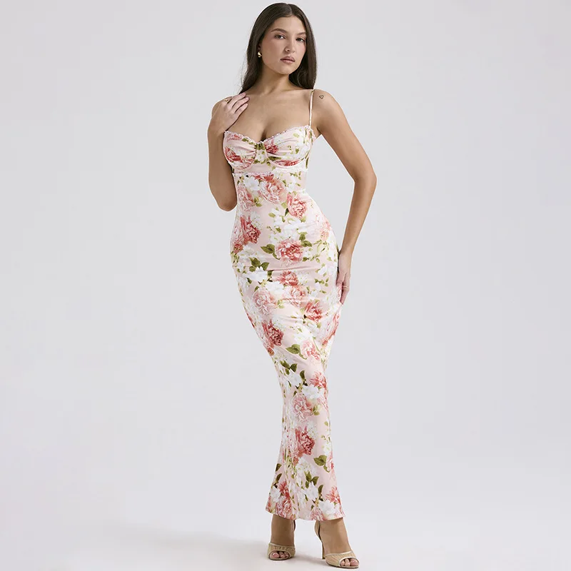 

Summer New Split Long Skirt Fashion Style Elegant Printed Lace Strap Skirt Women'S Wear