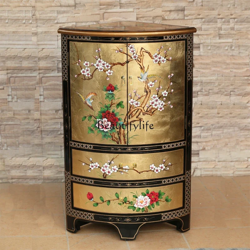 

New Classical Chinese Hand-Painted Jinbo Furniture Two-Bucket Double Door Triangle Cabinet Plum Blossom Corner Cabinet