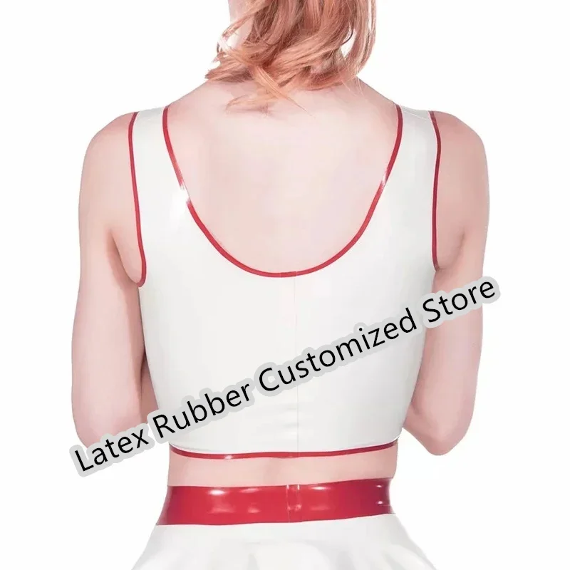 White and Red Sexy Latex Crop Top Uniform with Cross Short Mini Rubber Bottoms Shirts