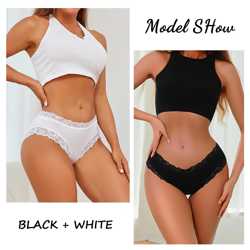 3PCS Floral Lace Panties for Women Sexy Low-Waist Briefs Elastic Ribbed Soft Cotton Underpants Ladies Sexy Lingerie Solid Color