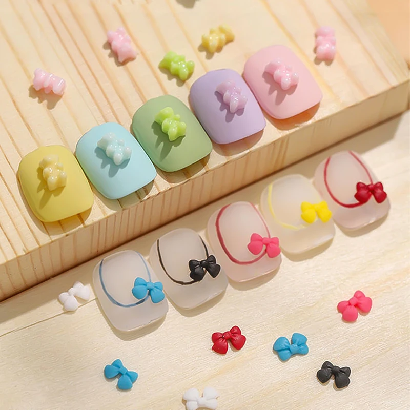 30 teile/beutel Kawaii Mini Bär Bogen 3D Nette Nail art Dekorationen Macaron Matte Bären Nägel Charms Designs DIY Harz Nagel zubehör – Detail 1