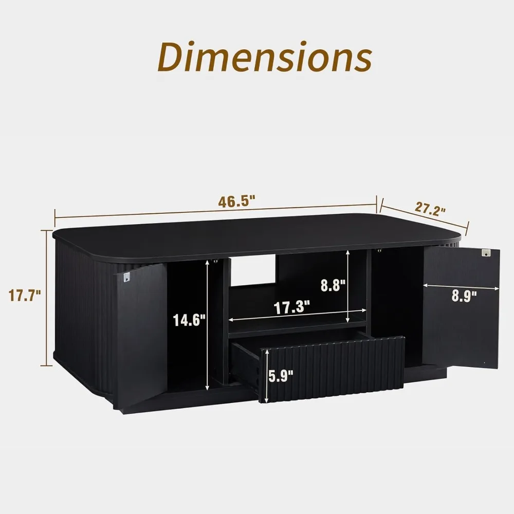 46,5" salontafel met opbergruimte, gecanneleerde moderne salontafel met deur en lade, grote middentafel uit het midden van de eeuw voor de woonkamer,