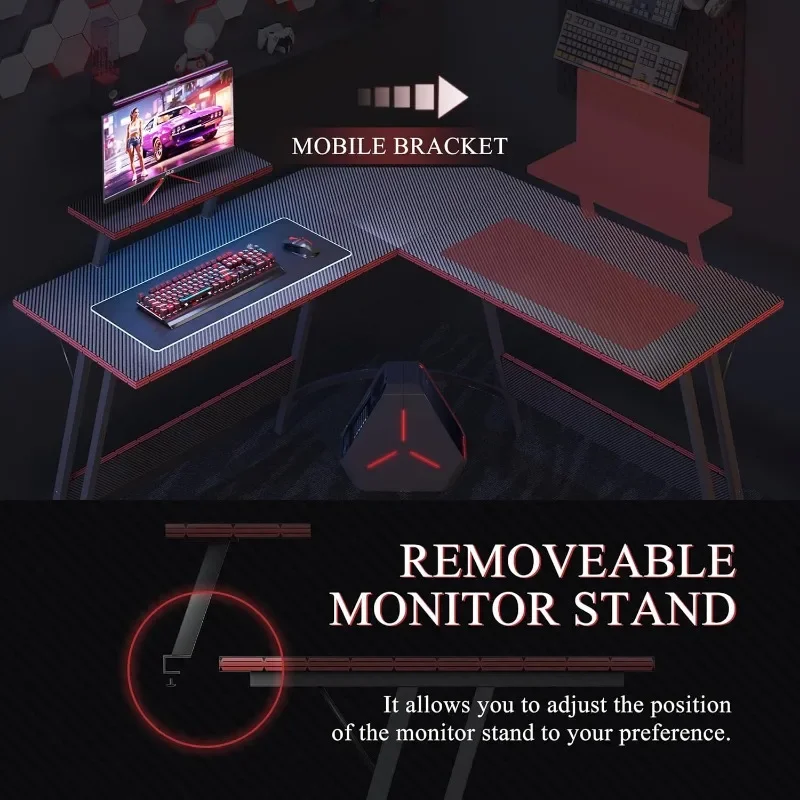 Bureau de jeu en forme de L, table d'angle pour ordinateur de 51 pouces avec grand support de moniteur et surface en fibre de carbone pour bureau à domicile et étude