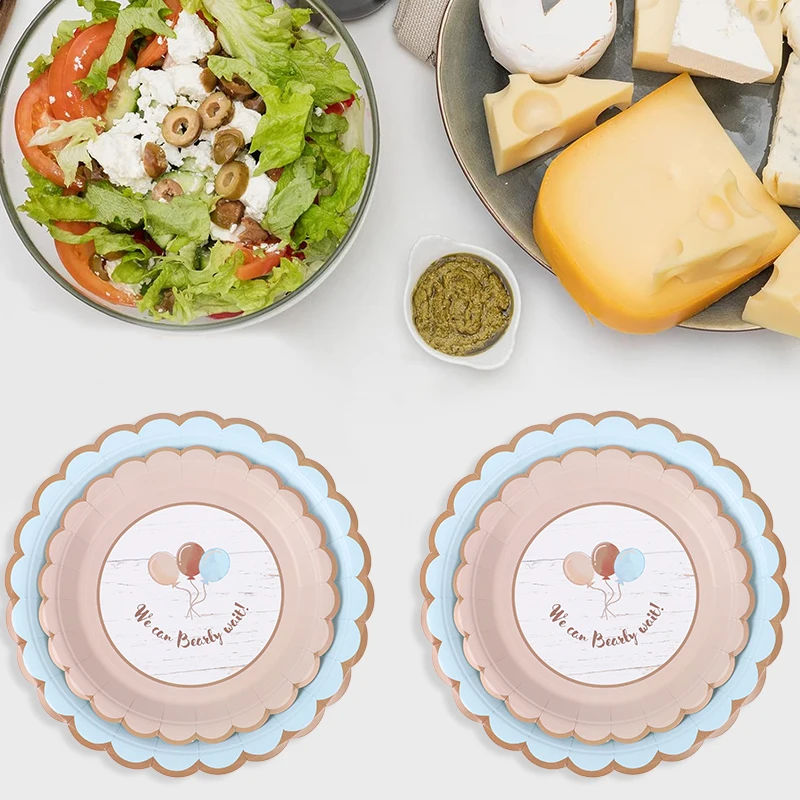 Juego de vajilla desechable de oso bonito, platos de papel marrón y azul, tazas, decoraciones para fiesta de feliz cumpleaños, Baby Shower, 10 Uds.
