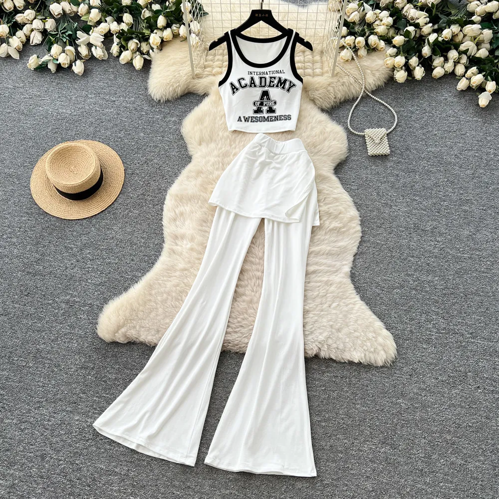 

Pant Set Women Two Piece Sets Round Neck Sleeveless Vest Short Top Long Flare Pants High Waist Y2k Streetwear Casual Work 2026