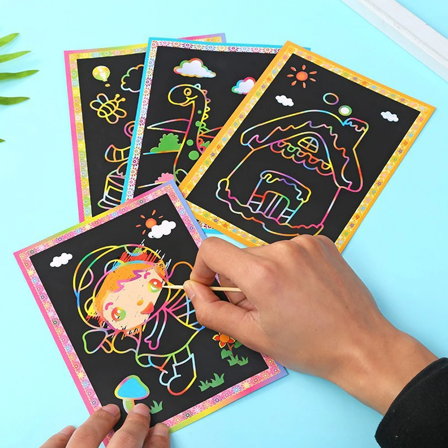 

5Pcs Colorful Scratch Art Paper DIY Craft Drawing Set, Scratch Art Painting Cards for Kids Creative Activity, Party Favor Gift