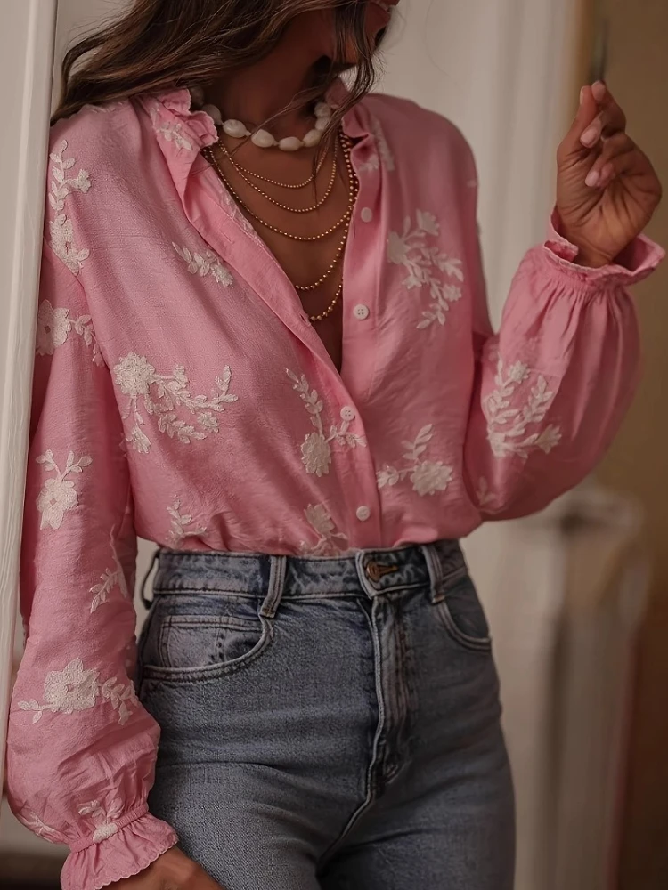 

Women's Clothing 2025 Spring Autumn Fashion Casual Long-sleeved Printed Blouse with A Collar and Puff Sleeves Office Lady Shirt