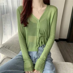 2024 Summer Fashion Korean Style Loose Slimming V-Neckline Short All-Match Sun Protection Long Sleeve Knitted Cardigan Top Women