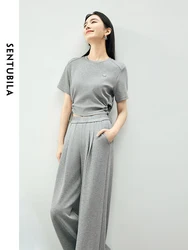 SENTUBILA Casual Sports Suit 2024 Summer Round Neck Short Sleeve T-shirt Wide Leg Pant 2 Piece Sets Womens Outfits 142Z53968