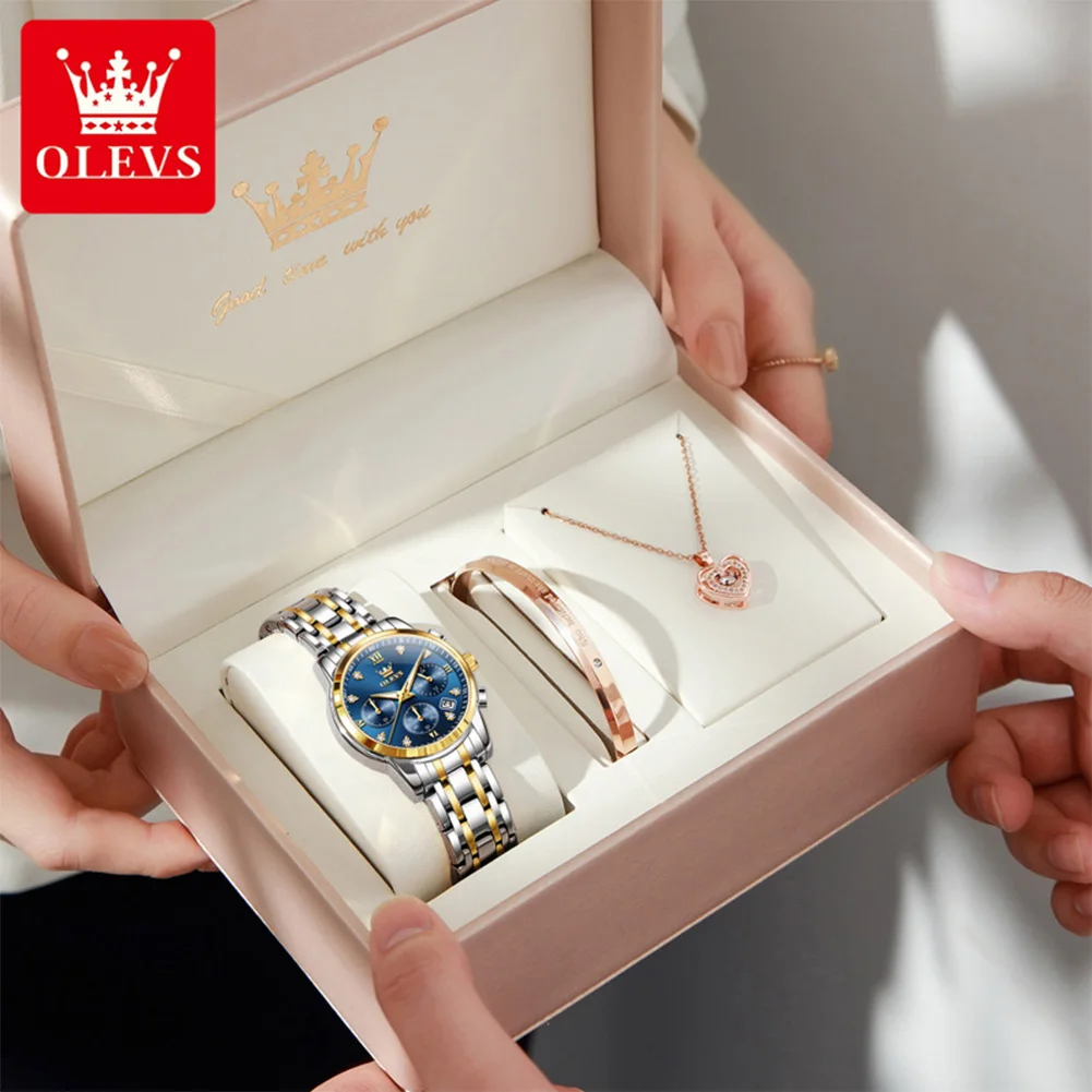 OLEVS 2858 Original Quartz Watch for Ladies Multifunctional Chronograph Wristwatch Women Watch Set Gift