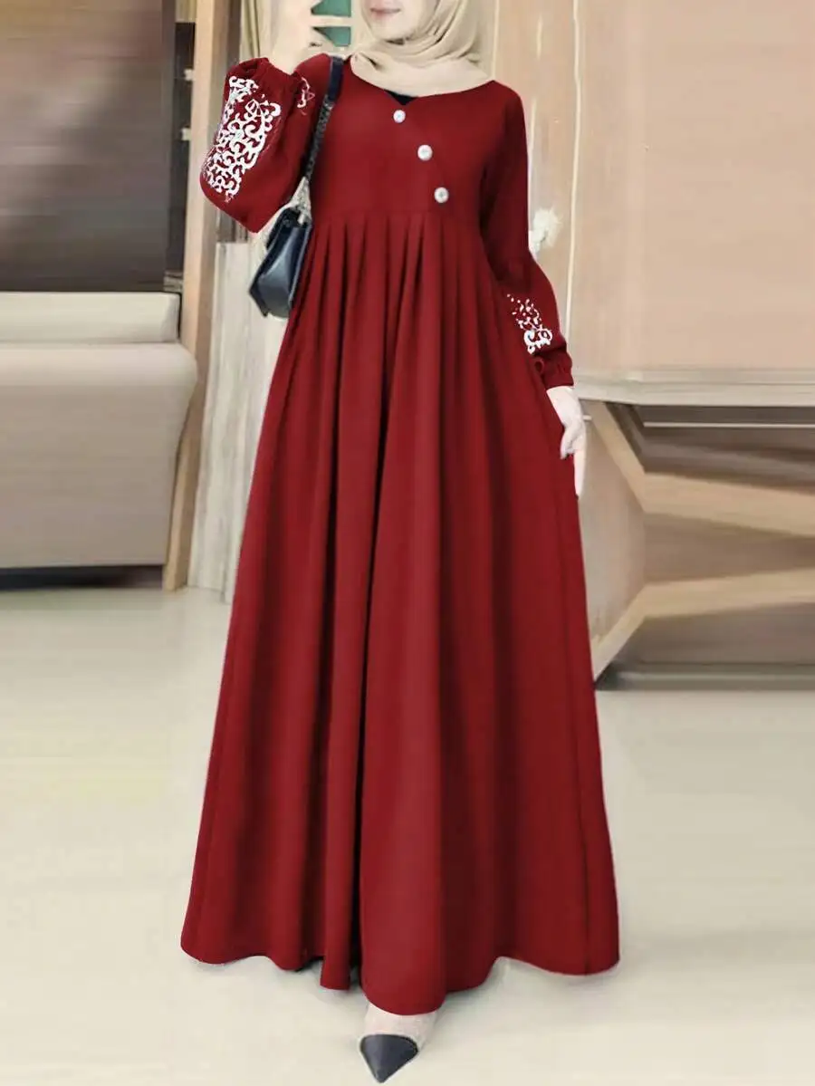 

Women V-Neck Long Sleeve Embroidery Floral Kaftan Muslim Dress Casual Loose Maxi Dress