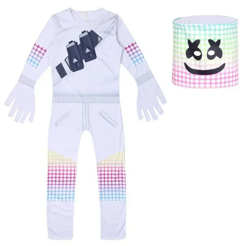 Kids Popular DJ Marshmello Cosplay Halloween Costume with Headgear Boys Girls Jumpsuit Carnival Party Performance  Bodysuit