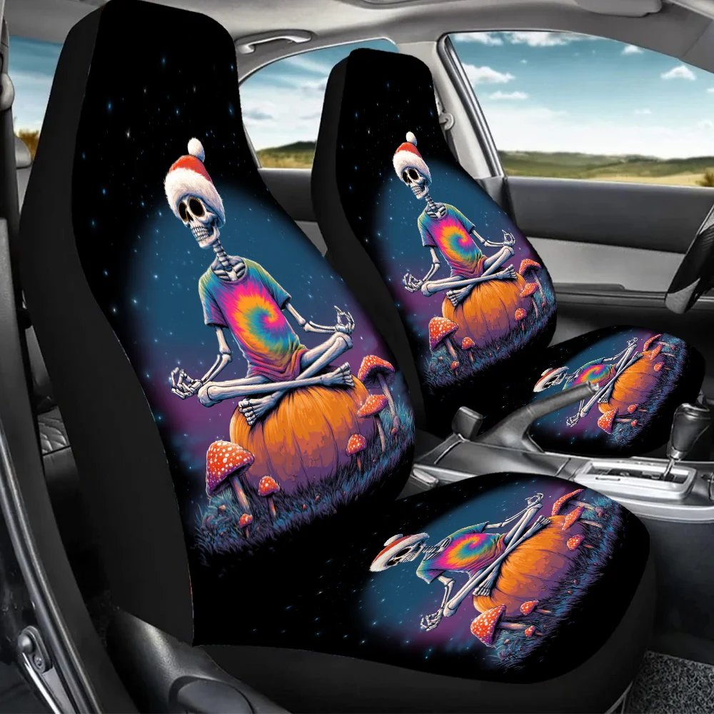 Set Of 2 Skull-Themed Meditating Car Seat Covers, Suitable For All, Designed As Car Additions For Women. These Universal Front S