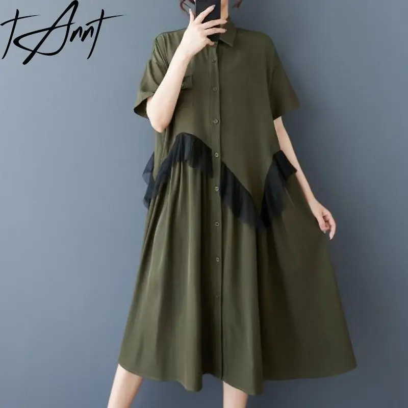 

Tannt Women Dress Irregular Mesh Patchwork Fashion Long Dresses Asymmetry Color Matching Casual Summer Dresses Women 2025 New