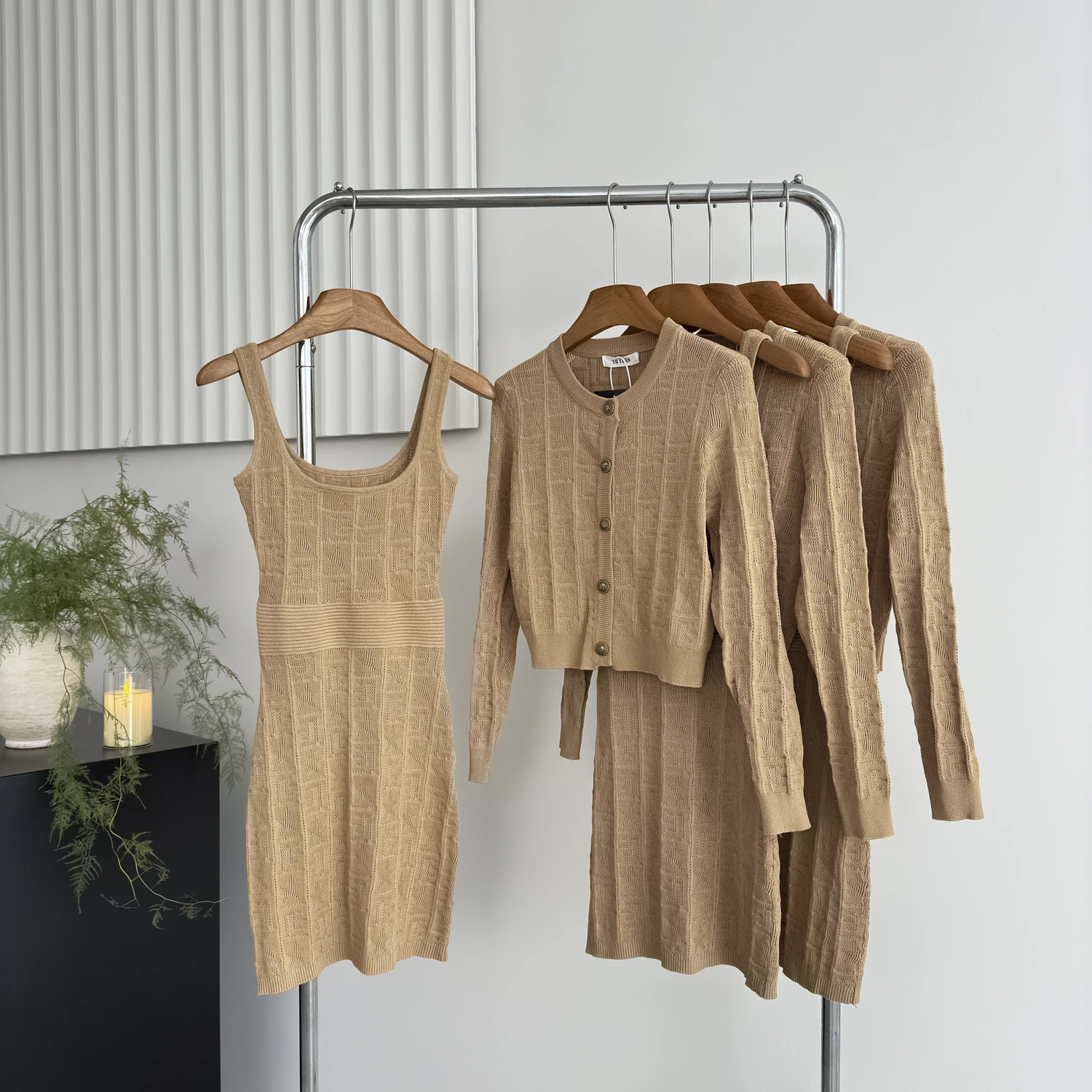 

Women's Elegant Two Pieces Knitted Dress Set Lady Spring Autumn Long Sleeve O Neck Single Breasted Cardigan + Sleeveless Dress