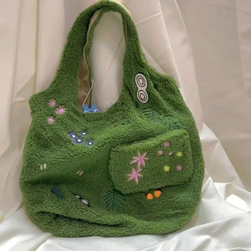 My Neighbor Totoro Reversible Double-sided Plush Handbag, Lovely Embroidered Single Shoulder Bag Soft Fluffy Casual Tote Purse view 4