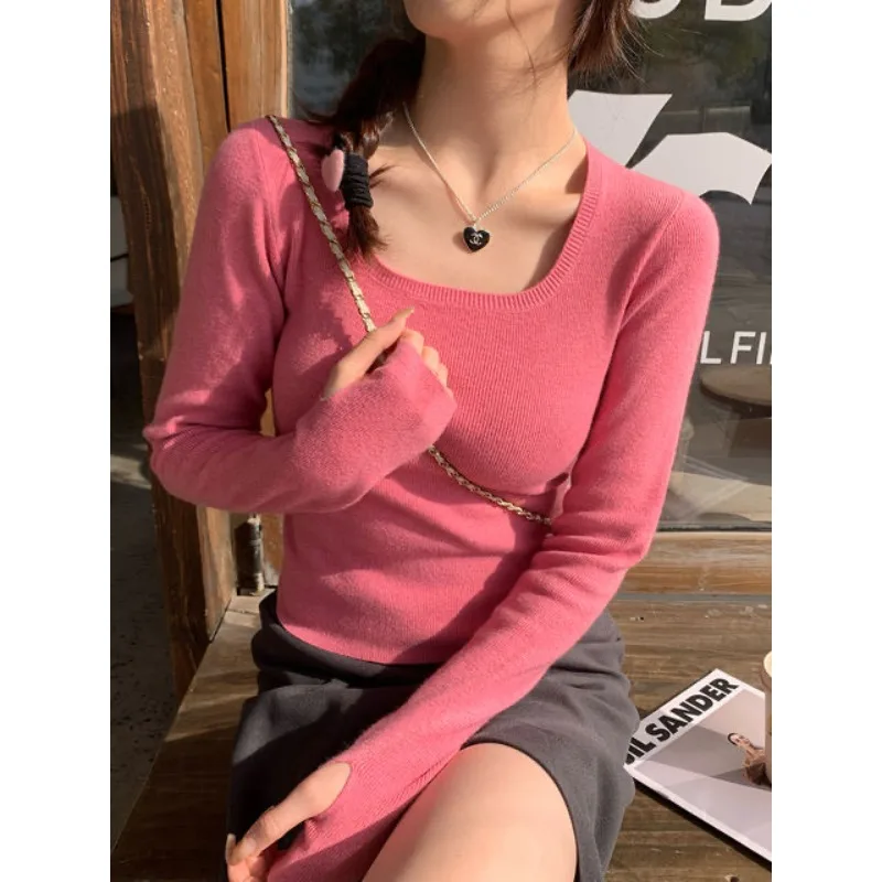 

American Vintage Fashion Solid Color Knitwear Autumn New Square Neck Senior Sense Long-sleeved Base T-shirt Women Slim-fit Shirt