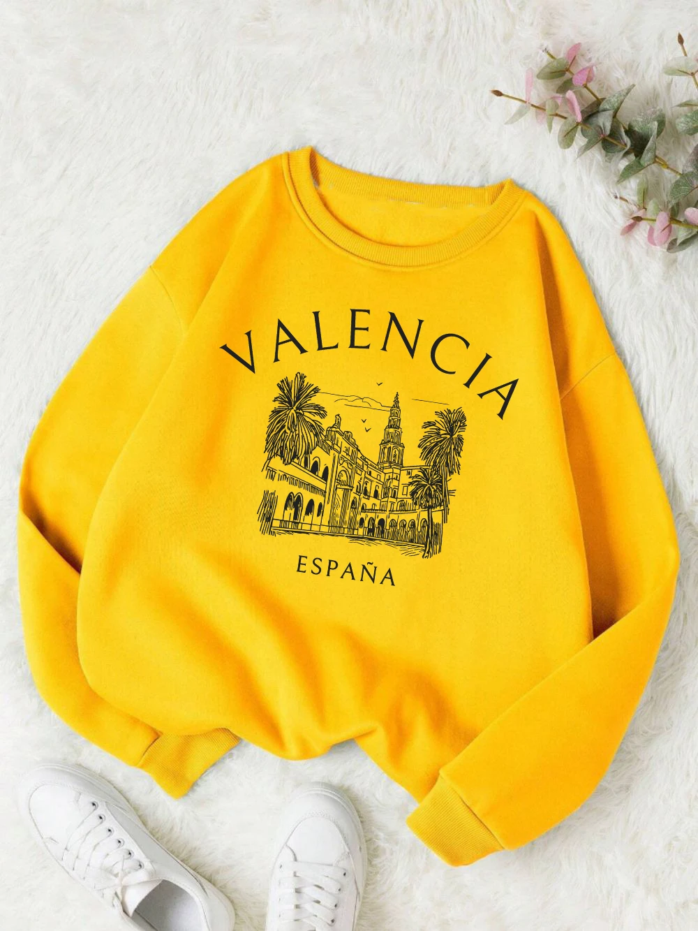 Sudadera con estampado Local de Valencia España para mujer, ropa con cuello redondo Y2K, jersey de lana que combina con todo, ropa de calle holgada de otoño para mujer