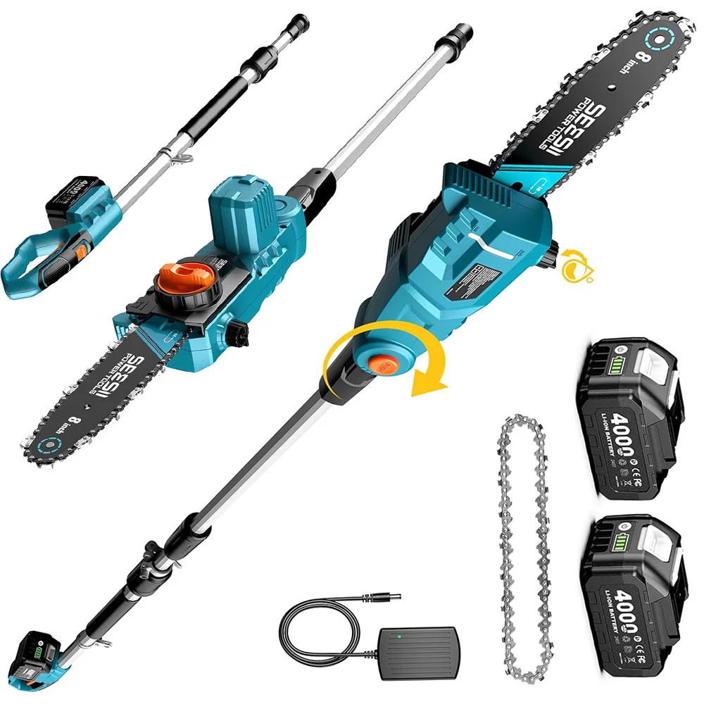 SEESII Scie à branches électrique sans fil 8'' avec perche télescopique de 2,5 m, outils de jardinage pour batterie Makita 18V