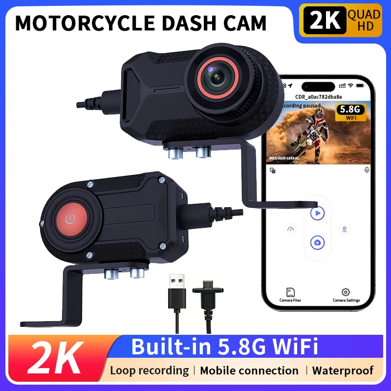 Motorcycle Dash Cam 2K QUAD HD 5.8G WiFi Waterproof Loop Recording Plug and Record Smartphone Live View Motorbike DVR