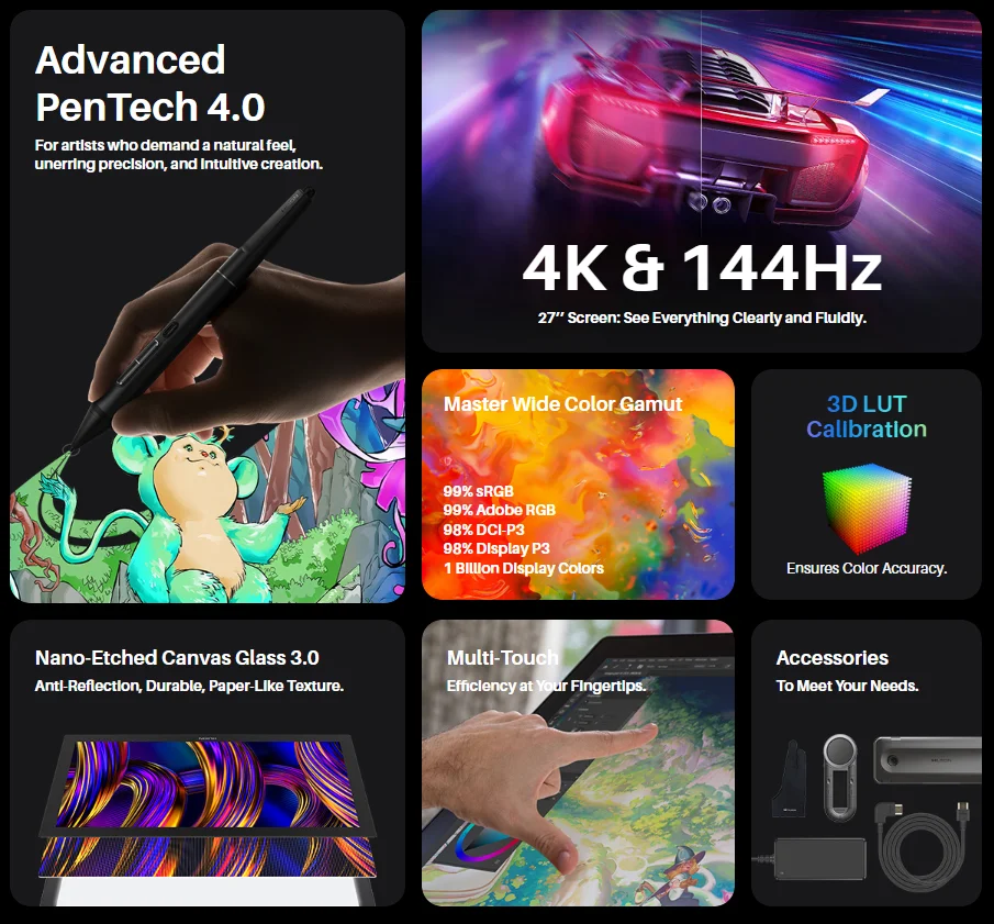 Huion Kamvas Pro 27 4K 144Hz Pen Display Tablet Graphic Drawing Monitor for Digital Art Animation Design with Stylus Stand