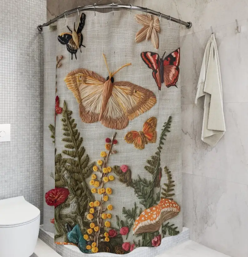

"Butterfly Shower Curtain - Cottagecore Aesthetic, Colorful Mushroom & Wildflower Design, 71x74