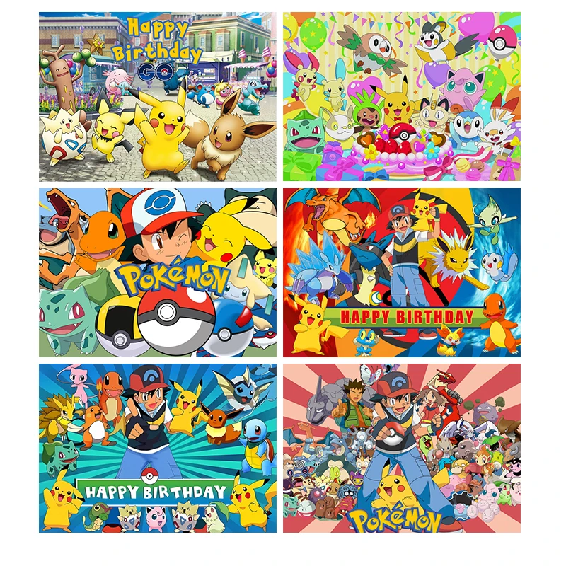 Happy Birthday Party Pokemon Backdrop Decoration Kids Boy Baby Shower Pikachu Anime Photography Background Banner Vinyl Poster