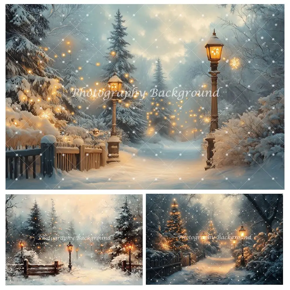 

Winter Snow Forest Backdrop Pine Trees Street Lamp Christmas Winter Baby Kids Art Portrait Photography Background Photo Studio