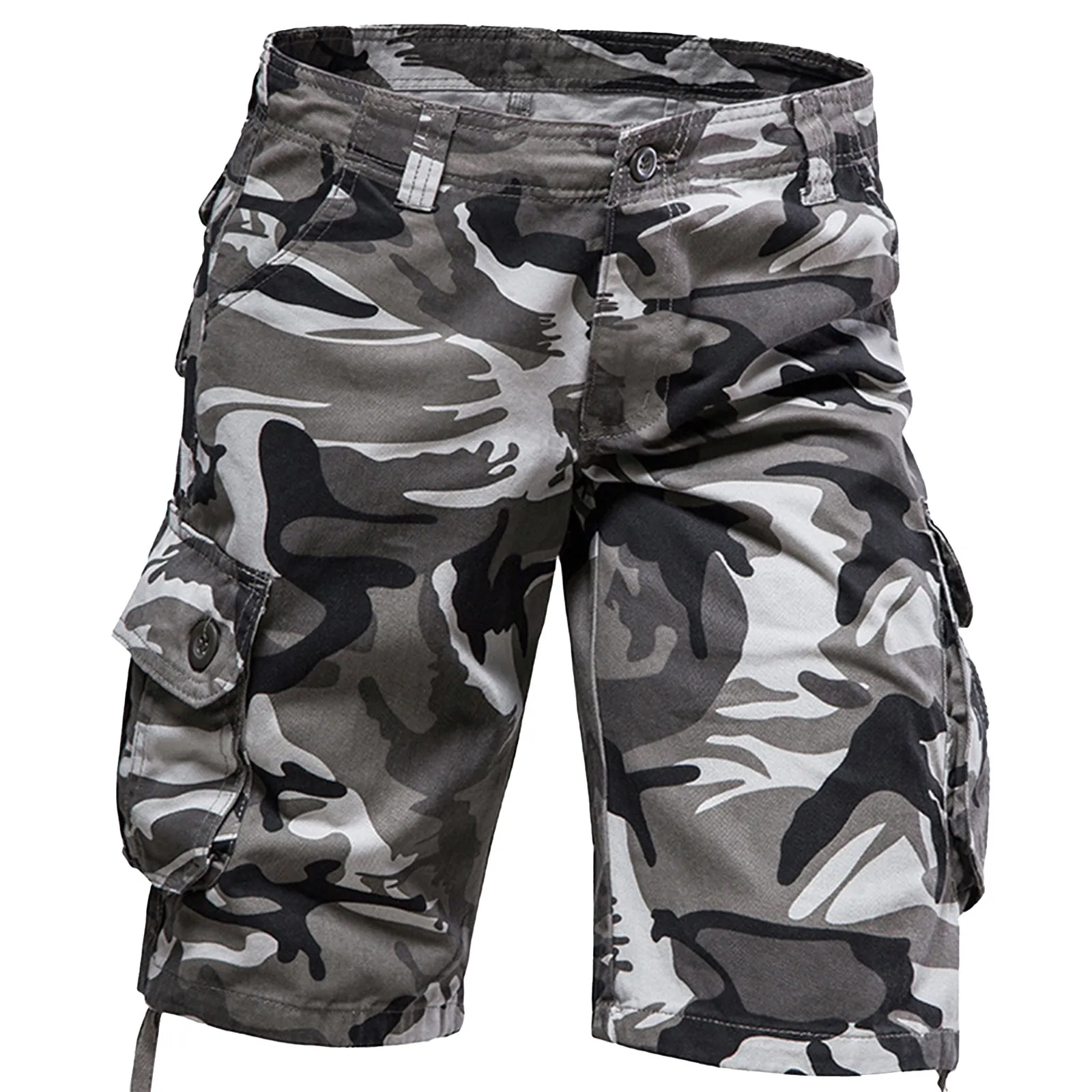 Shorts masculinos de camuflagem, calças largas para lavar, bolsos múltiplos, estilo coreano, verão, 2024