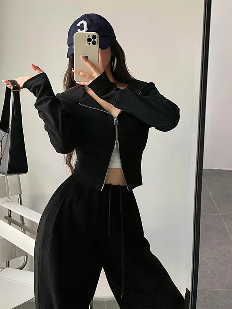 WOMENGAGA Street Double Zipper Hoodie Loose High Waist Slim Short Long Sleeve Top Sweatshirt Hoodie Fashion Sexy Korean Top E11G