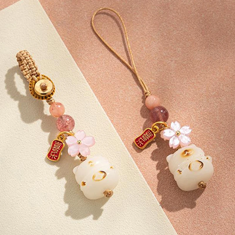 1PC Bodhi Cherry Blossom Osmanthus Pendant Key Chain Chinese Style Pendant Little Bear Phone Charm Key Ring Car Accessories