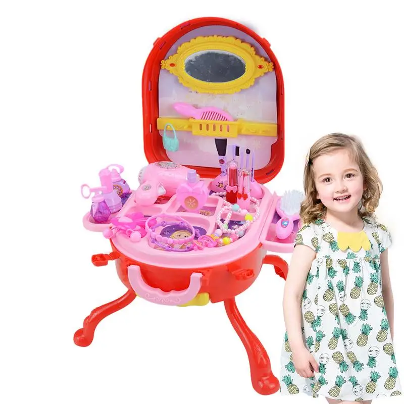 Girls Vanity Set Princess Vanity Toy Makeup Kit Makeup Toys Toddler Vanity Set Travel Suitcase Pretend Play with Mirror &