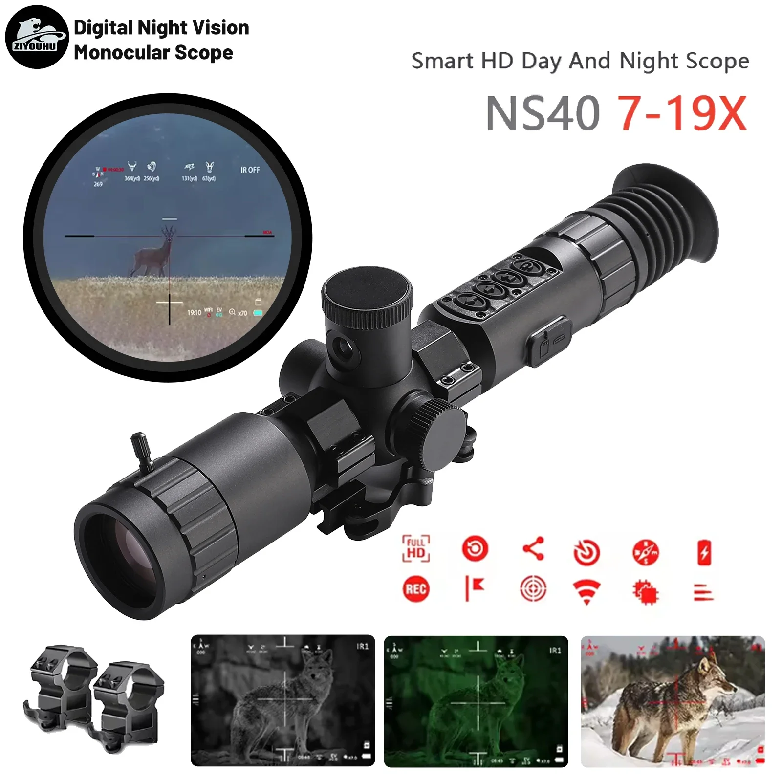 

NS40 384x288 Digital Scope Sight Shooting Hunting Aim Searching Hotspot Tracking 7-19x Zoom IR Night Vision Rifle Aiming Scope