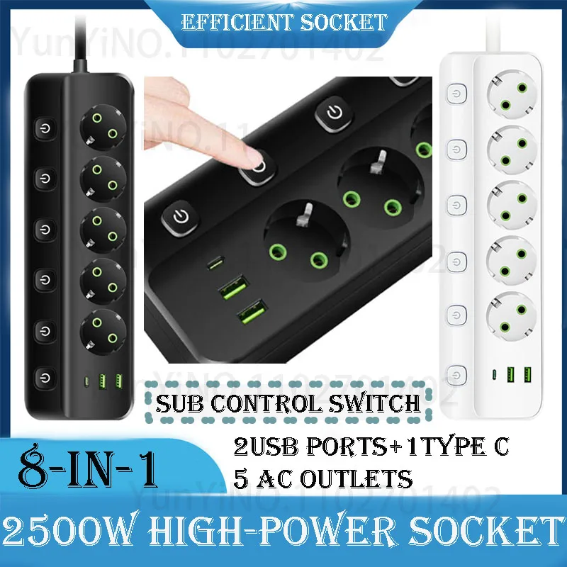 

Электрическая розетка с быстрой зарядкой европейского стандарта, 3 розетками переменного тока ACor5 + 2 USB + 1 тип C, вилка «все в одном», удлинитель 2 м, розетка