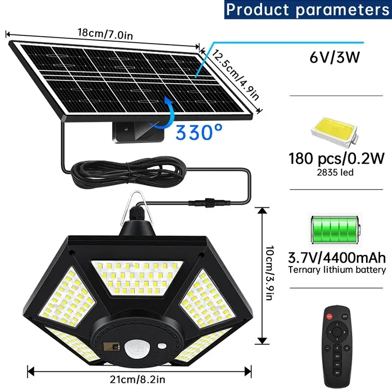 Coleção AliExpress Pingente solar para garagem de celeiro Gazebo, Lâmpada solar com controle remoto, Shed interior e exterior, 180 LED, 1000LM